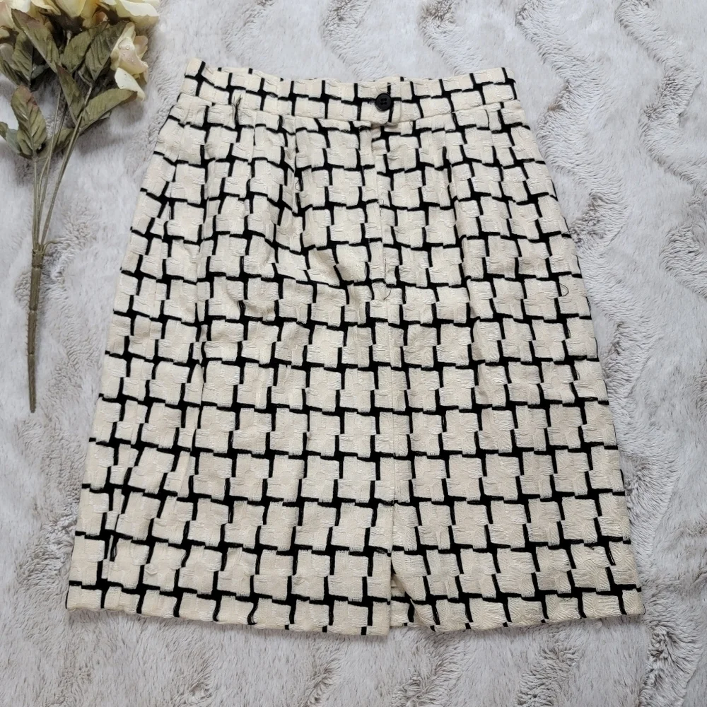 Vintage Carlisle Wool Silk Cream Black Geometric Straight Skirt‎ Size 2